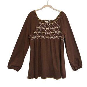 Roaman's Long Sleeve Stitched Boho Scoop Neck Top in Brown - Size L
